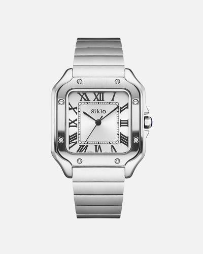 الساعه الرباعية باللون الفضي أبيض