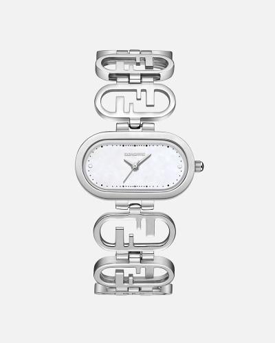 ساعة تشبه قطع الفن المعماري باللون الفضي