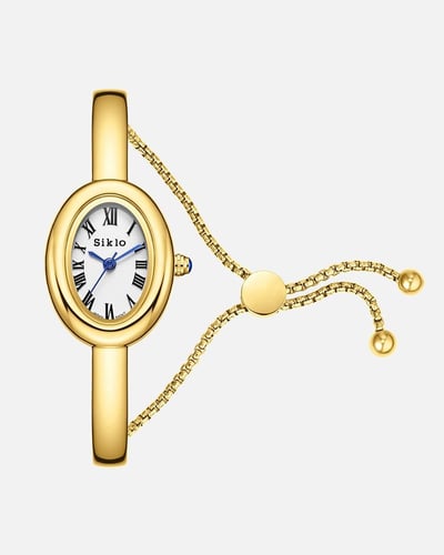 ساعة أنيقة بتصميم انسيابي فاخر باللون الذهبي