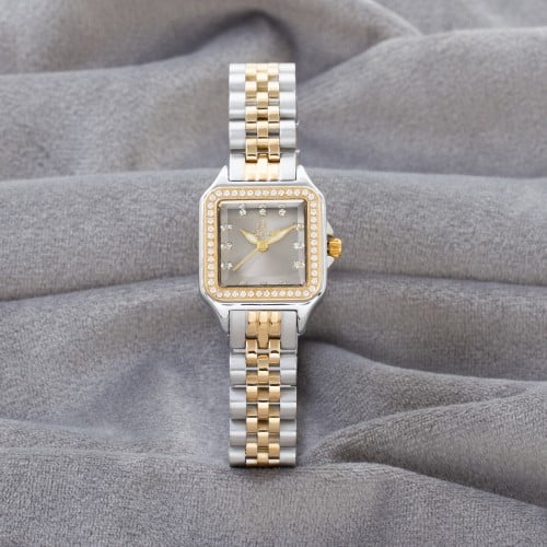 ساعة نسائية استيل واطار فصوص زركون باللون الذهبي و...