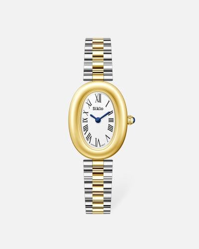 ساعة بتصميم بيضاوي أنيقة وراقية باللون الذهبي والف...