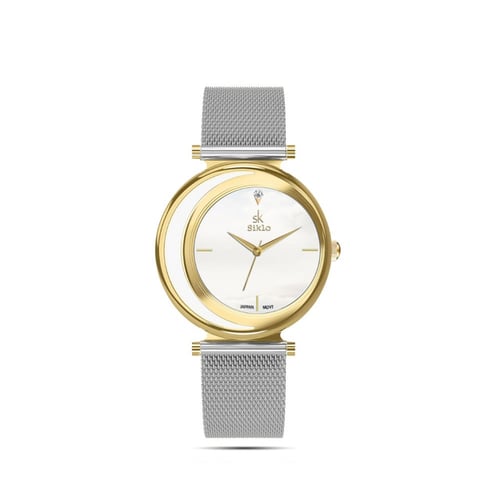 ساعة نسائية حصير باللونين الذهبي والفضي ميناء ابيض