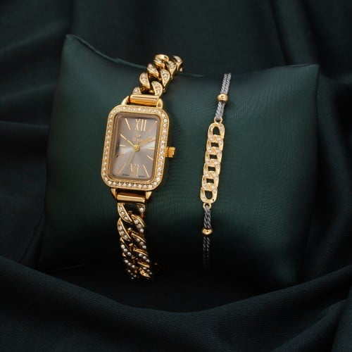 طقم ساعة استيل متفرده وإسواره ساحره باللون الذهبي...