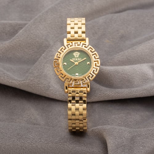 ساعة نسائية باللون الذهبي مينا اخضر