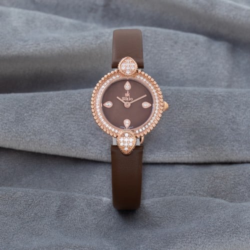 ساعة نسائية جلد فصوص باللون نحاسي بني ميناء بني