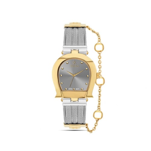 ساعة نسائية باللونين الذهبي والفضي ميناء رصاصي