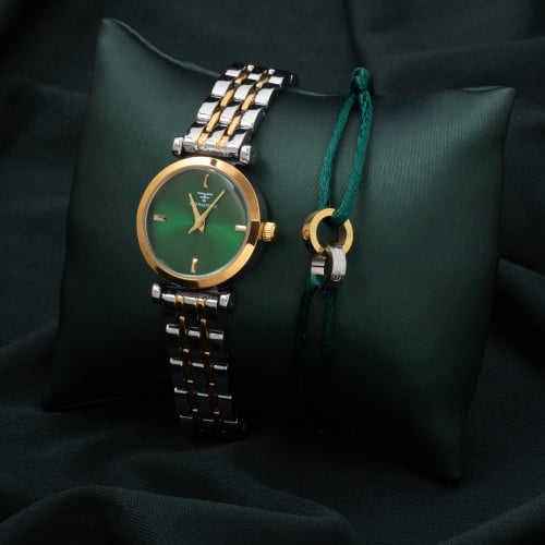 طقم ساعة وإسواره خيط جذابه باللون الذهبي على فضي