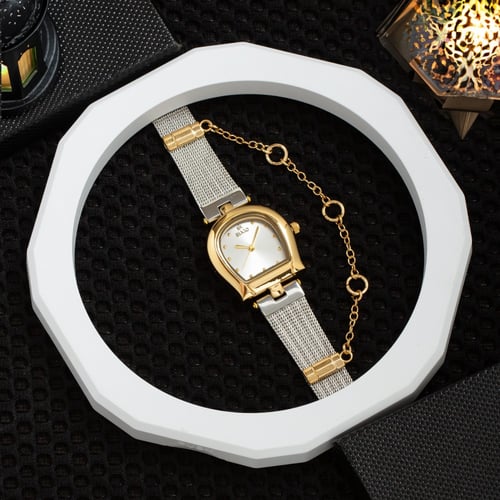 ساعة نسائية باللونين الذهبي والفضي ميناء ابيض