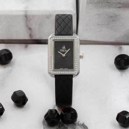 ساعة نسائية جلد فصوص زركون باللون الاسود ميناء اسو...