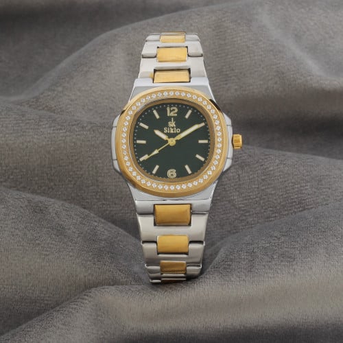 ساعة نسائية باللونين الفضي والذهبي ميناء أخضر