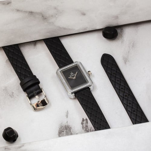 ساعة نسائية جلد فصوص زركون باللون الاسود ميناء اسو...