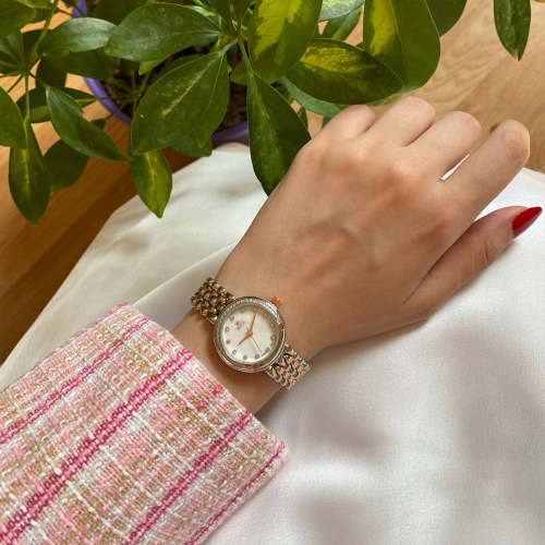 ساعة نسائية باللون الفضي والنحاسي ميناء ابيض