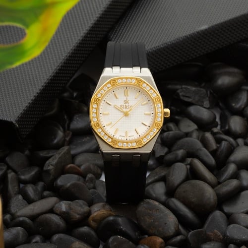 ساعة نسائية ربل فصوص زركون باللون الاسود ميناء ابي...