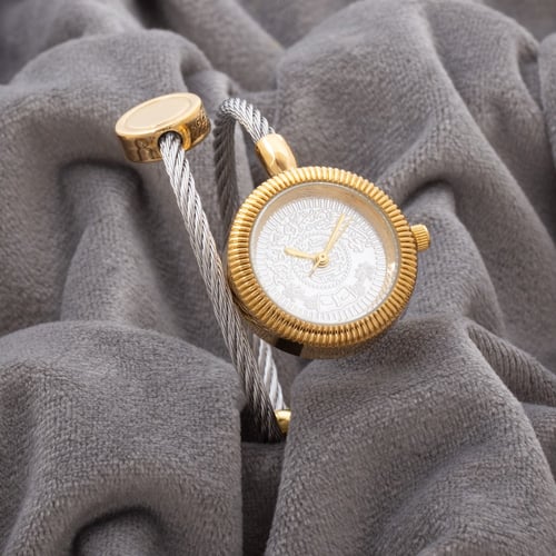 ساعة نسائية حصير باللون الذهبي الفضي ميناء فضي