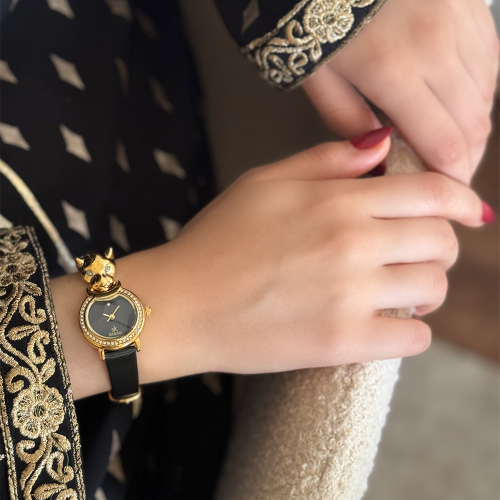 الساعة النسائية الجلد الأسود الذهبي ذات التفاصيل ا...