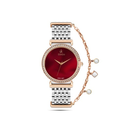 ساعة نسائية باللون الفضي والنحاسي