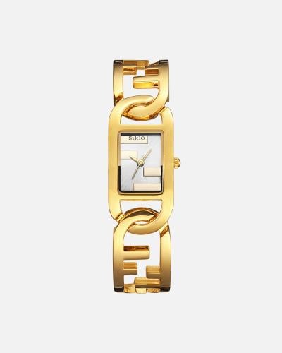 ساعة بتصميم حلقات مترابطة باللون الذهبي ميناء ابيض