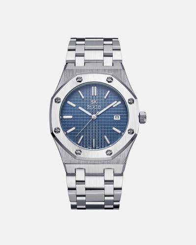 ساعة رجالية بسير ستيل باللون الفضي كحلي