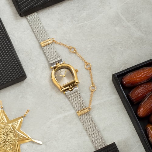 ساعة نسائية باللونين الذهبي والفضي ميناء رصاصي