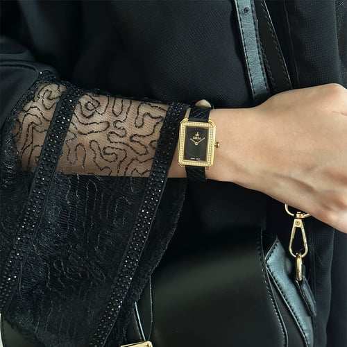 ساعة نسائية جلد فصوص زركون باللون الاسود ميناء اسو...