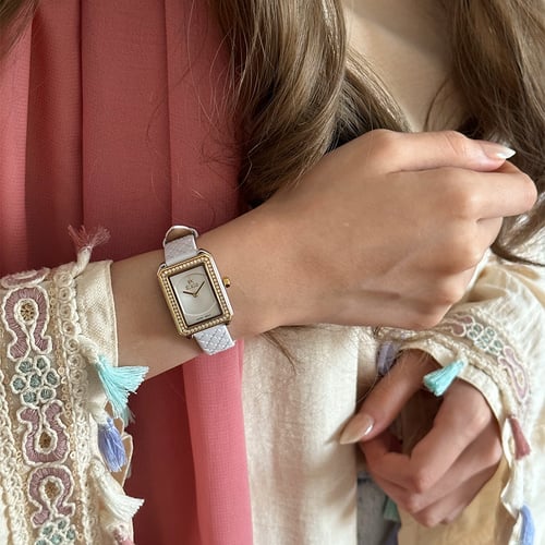 ساعة نسائية جلد فصوص زركون باللون الابيض ميناء ابي...