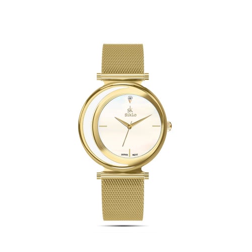 ساعة نسائية حصير باللون الذهبي ميناء صدفي