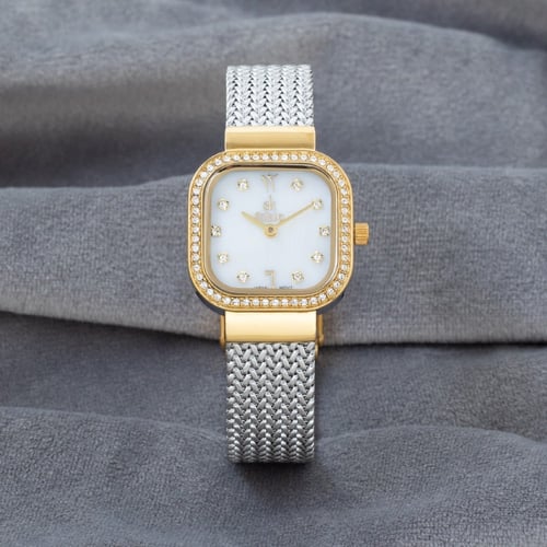 ساعة نسائية باللون الفضي والذهبي ميناء ابيض