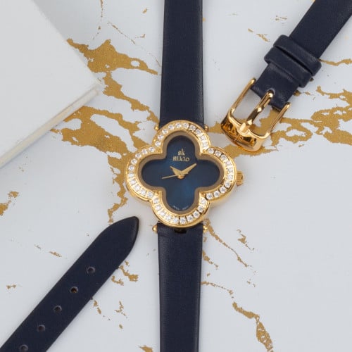 ساعة جلد نسائية بلونها الذهبي الازرق الميناء الازر...