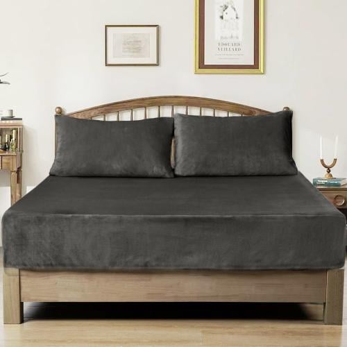 طقم شراشف مخملي ذو وجه واحد مزدوج - 3 قطع - رمادي...