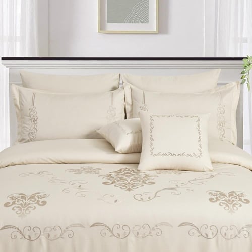 مفرش مزدوج مطرز - 9 قطع - سلسلة لورا - كريمي