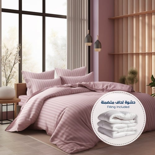 مفرش فندقي مفرد 5 قطعة - حشوة قابلة للنزع - وردي ب...