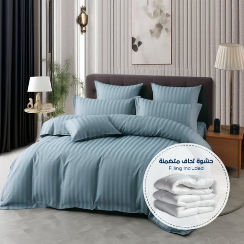مفرش فندقي مفرد 5 قطعة - حشوة قابلة للنزع - أزرق ب...