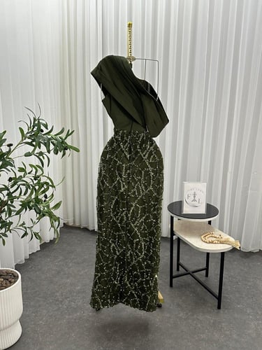 فستان سهره اللون زيتي باربي كلفه شكمن متجر جوهره B...