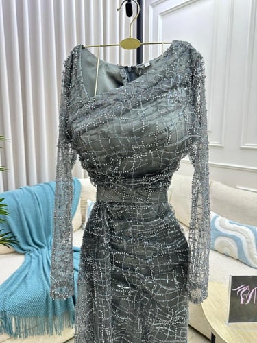 فستان سهره اللون رصاصي الخامه بطانه تفته استرتش كل...