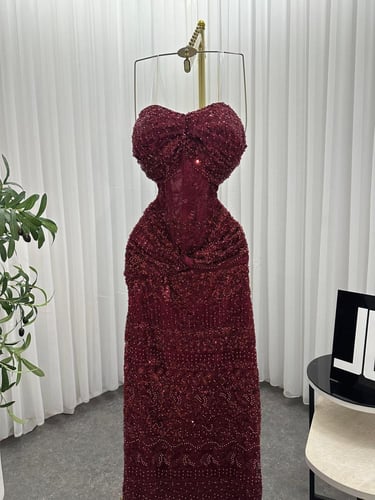 فستان سهره اللون برغندي دانتيل خرز من متجر جوهره L...