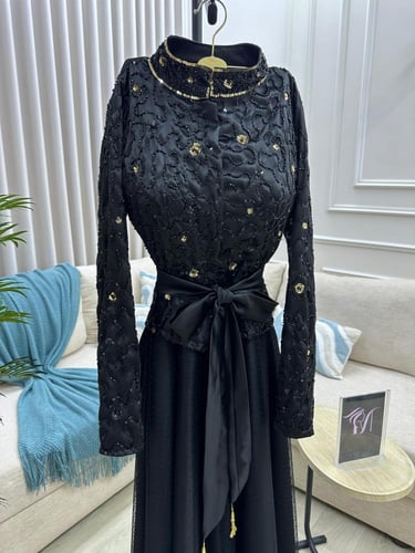 فستان اللون اسود تفته تل تيواني تطريز يدوي من متجر...