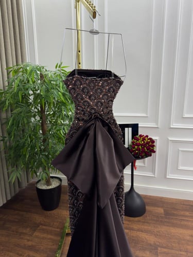 فستان سهره اللون بني تفته استرتش كلفه خرز من متجر...