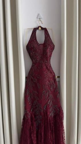 فستان سهره اللون برغندي و زيتي دانتيل على خرز MN م...