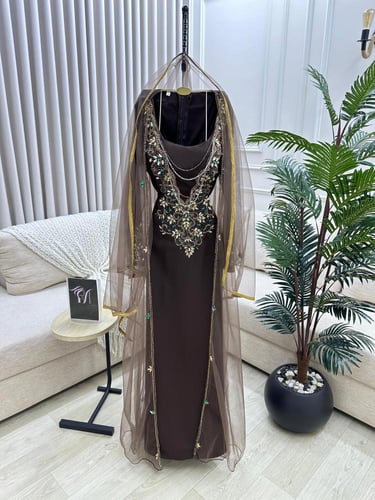 فستان سهره اللون بني باربي تل تيواني تطريز يدوي با...