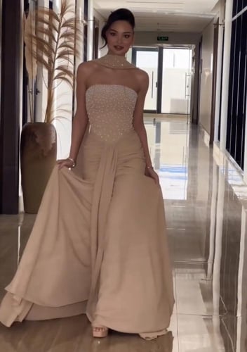 فستان سهره لحمي مطرز بالخرز و اللولو الخامه باربي...