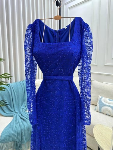 فستان سهره اللون نيلي الخامه تل تيواني كمبيوتر +تط...