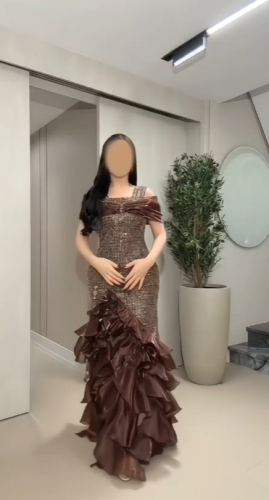فستان سهره اللون بني الخامه كلفه شك راقي جازار لمعه كركشه من متجر جوهره MA