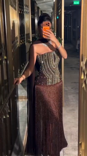 فستان سهره اللون بني تفته تطريز يدوي هدب لمعه من متجر جوهره LA