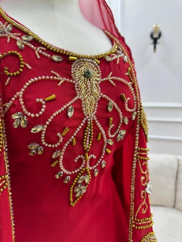 جلابية اللون احمر الخامه جلابيه جورجيت ثلاث قطع تط...