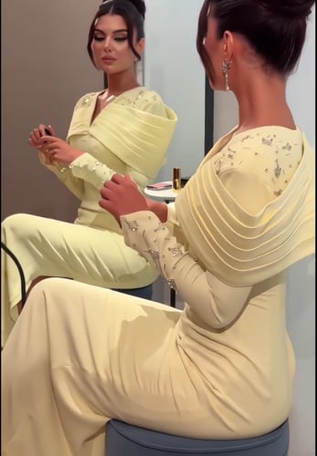 فستان سهره اصفر فاتح الخامه باربي تطريز يدوي راقي...