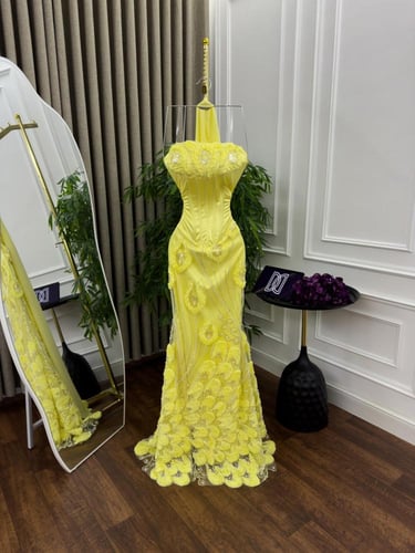 فستان سهره اللون اصفر كلفه تطريز من متجر جوهره D