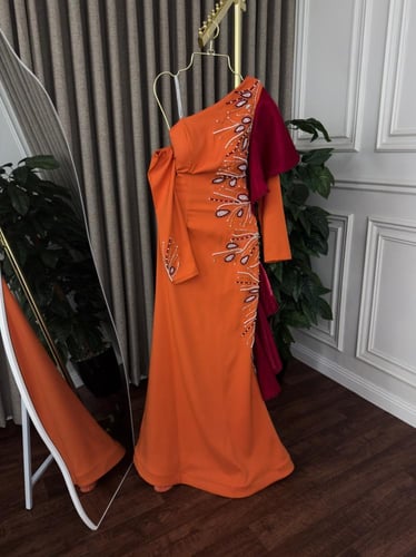 فستان سهره برتقالي اورنج باربي اورجنزا فخم تطريز ي...