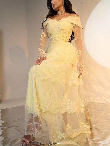 فستان سهره اللون ليموني خامه تل مطرزه كبيوتر وفصوص...