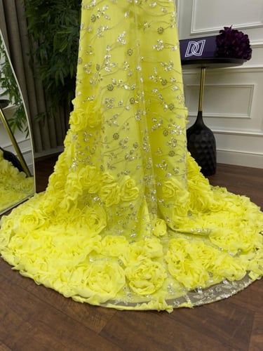 فستان سهره اللون اصفر كلفه تل تطريز خرز مورد ذبل ك...