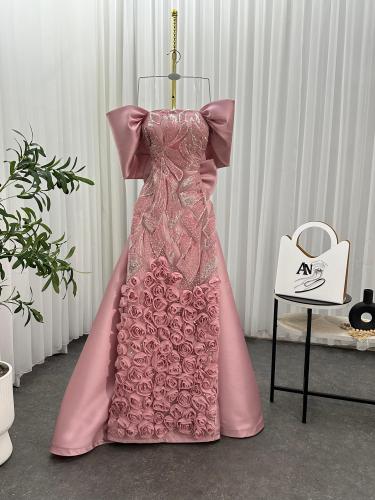 فستان سـهرة اللون وردي الخامة ميكادو تطريز خرز من...